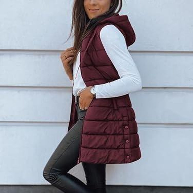 Goranbon Women Long Vest Solid Color Sleeveless Hood Winter Puffer Vest Outwear