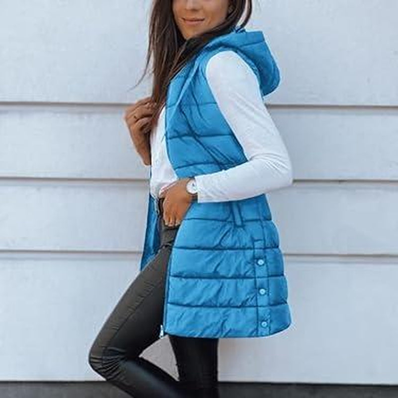 Goranbon Women Long Vest Solid Color Sleeveless Hood Winter Puffer Vest Outwear