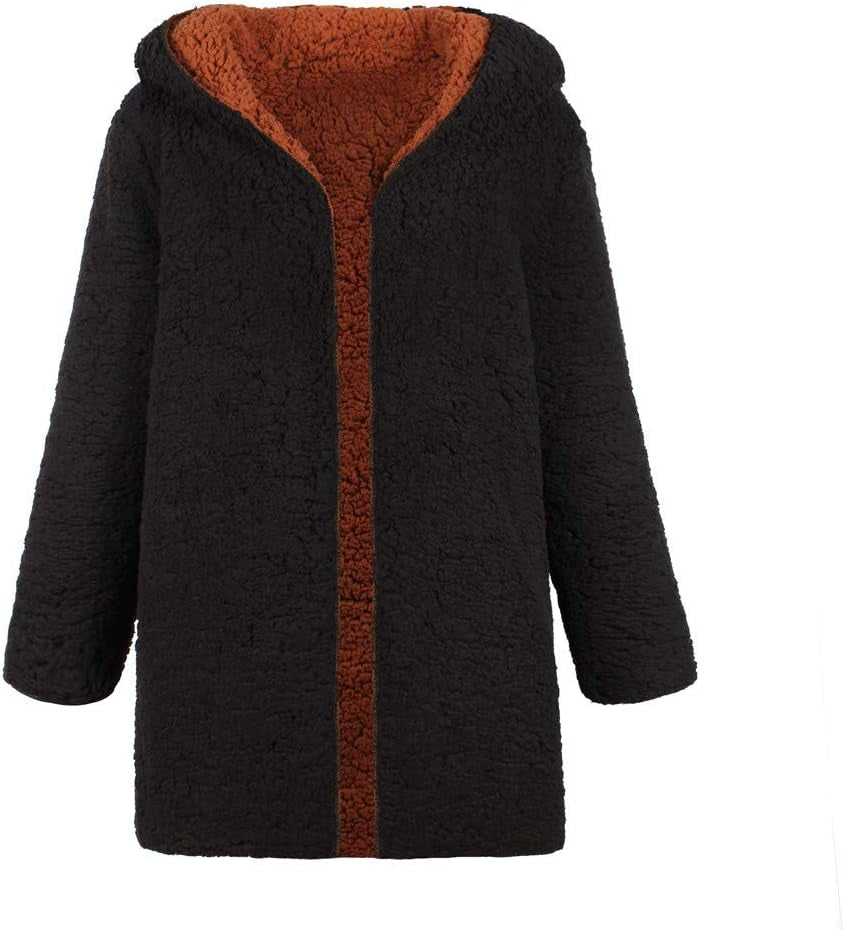 Womens Coat, F_Gotal Women'S Fuzzy Fleece Lapel Open Front Long Hooded Coat Faux Fur Warm Winter Outwear Jackets Parka
