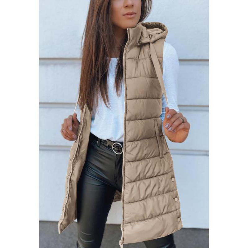 Goranbon Women Long Vest Solid Color Sleeveless Hood Winter Puffer Vest Outwear