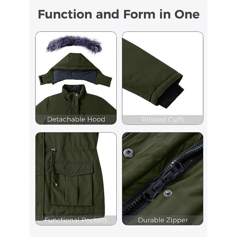 Women'S plus Size Winter Warm Coat Waterproof Parka Jacket with Removable Hood Collar Fabric Womenswear