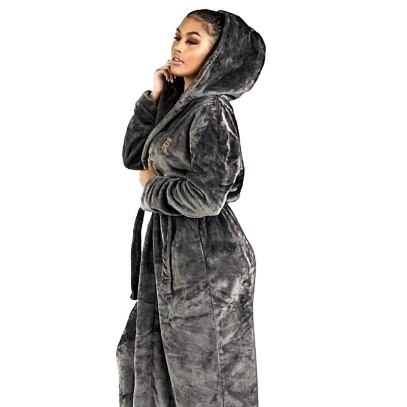 Grey Hooded Royalty Robe - Soft Comfort Fleece Womenswear Bathrobe with Hood and Pockets - Loungewear Housecoat for Women