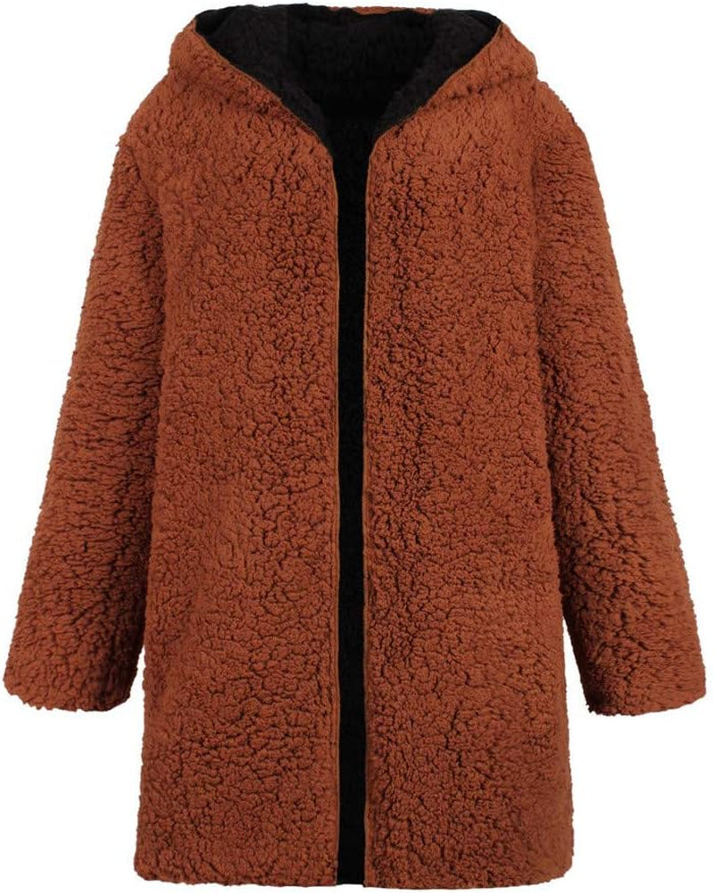 Womens Coat, F_Gotal Women'S Fuzzy Fleece Lapel Open Front Long Hooded Coat Faux Fur Warm Winter Outwear Jackets Parka