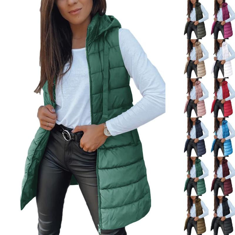 Goranbon Women Long Vest Solid Color Sleeveless Hood Winter Puffer Vest Outwear