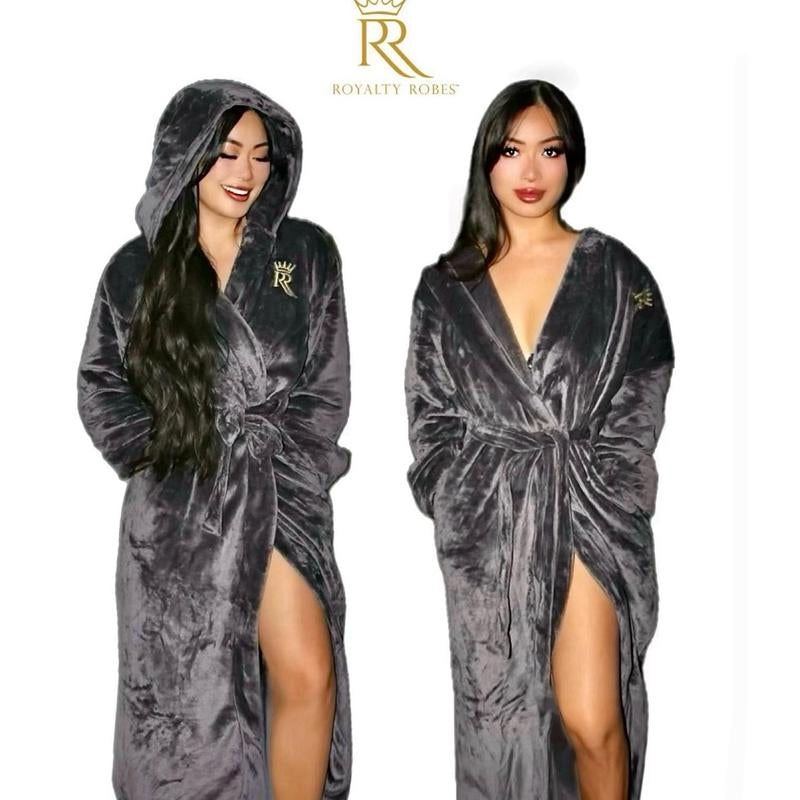 Grey Hooded Royalty Robe - Soft Comfort Fleece Womenswear Bathrobe with Hood and Pockets - Loungewear Housecoat for Women