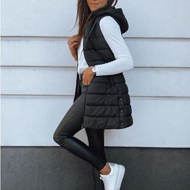Goranbon Women Long Vest Solid Color Sleeveless Hood Winter Puffer Vest Outwear