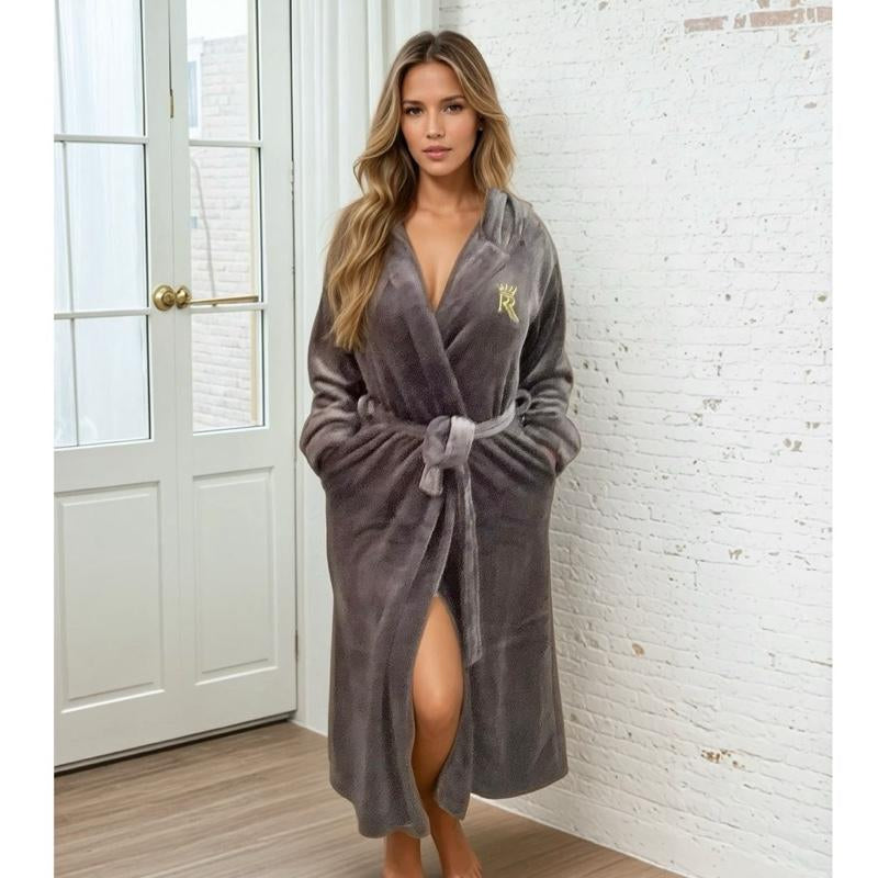 Grey Hooded Royalty Robe - Soft Comfort Fleece Womenswear Bathrobe with Hood and Pockets - Loungewear Housecoat for Women