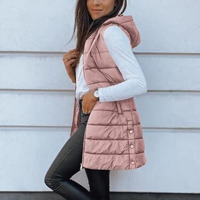 Goranbon Women Long Vest Solid Color Sleeveless Hood Winter Puffer Vest Outwear