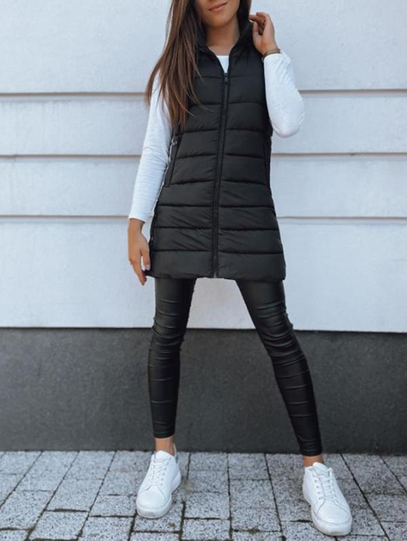 Goranbon Women Long Vest Solid Color Sleeveless Hood Winter Puffer Vest Outwear