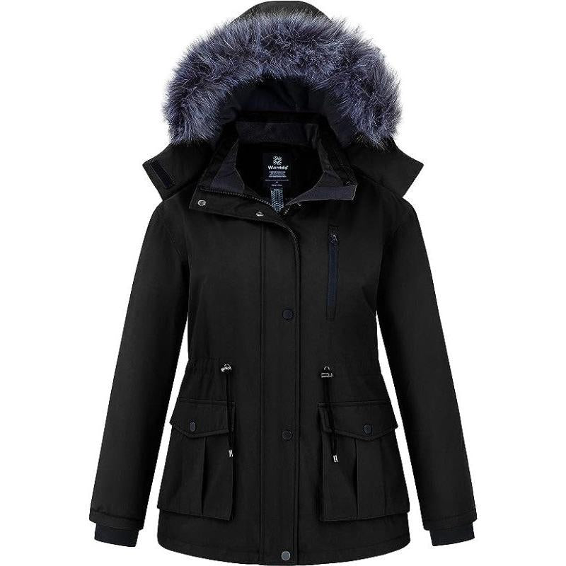 Women'S plus Size Winter Warm Coat Waterproof Parka Jacket with Removable Hood Collar Fabric Womenswear