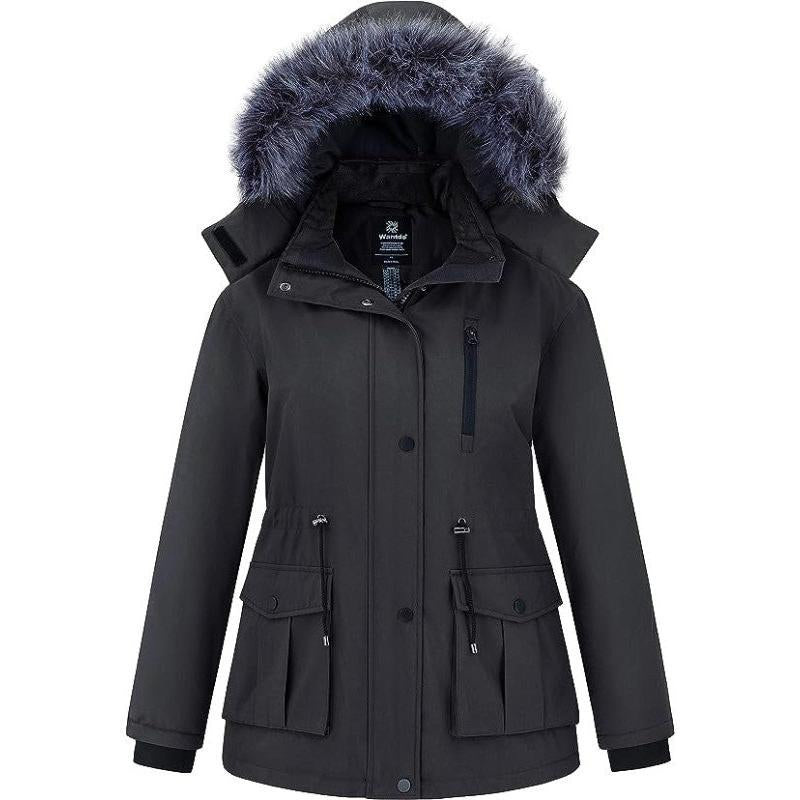 Women'S plus Size Winter Warm Coat Waterproof Parka Jacket with Removable Hood Collar Fabric Womenswear
