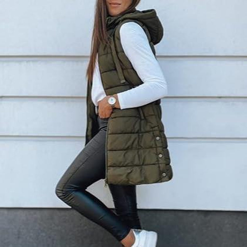 Goranbon Women Long Vest Solid Color Sleeveless Hood Winter Puffer Vest Outwear