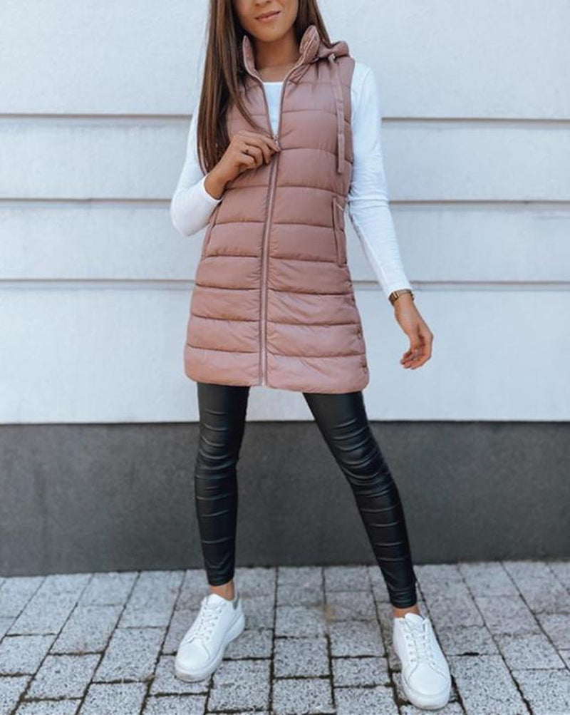 Goranbon Women Long Vest Solid Color Sleeveless Hood Winter Puffer Vest Outwear