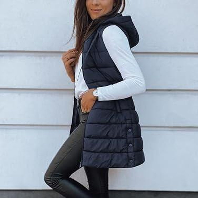 Goranbon Women Long Vest Solid Color Sleeveless Hood Winter Puffer Vest Outwear