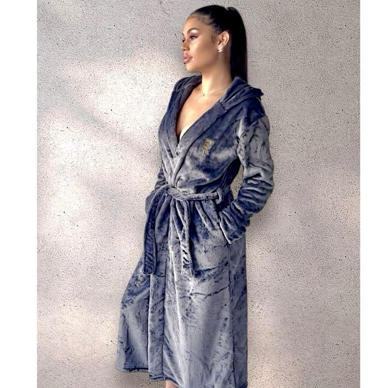 Grey Hooded Royalty Robe - Soft Comfort Fleece Womenswear Bathrobe with Hood and Pockets - Loungewear Housecoat for Women