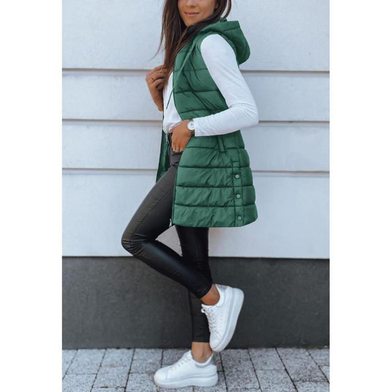 Goranbon Women Long Vest Solid Color Sleeveless Hood Winter Puffer Vest Outwear
