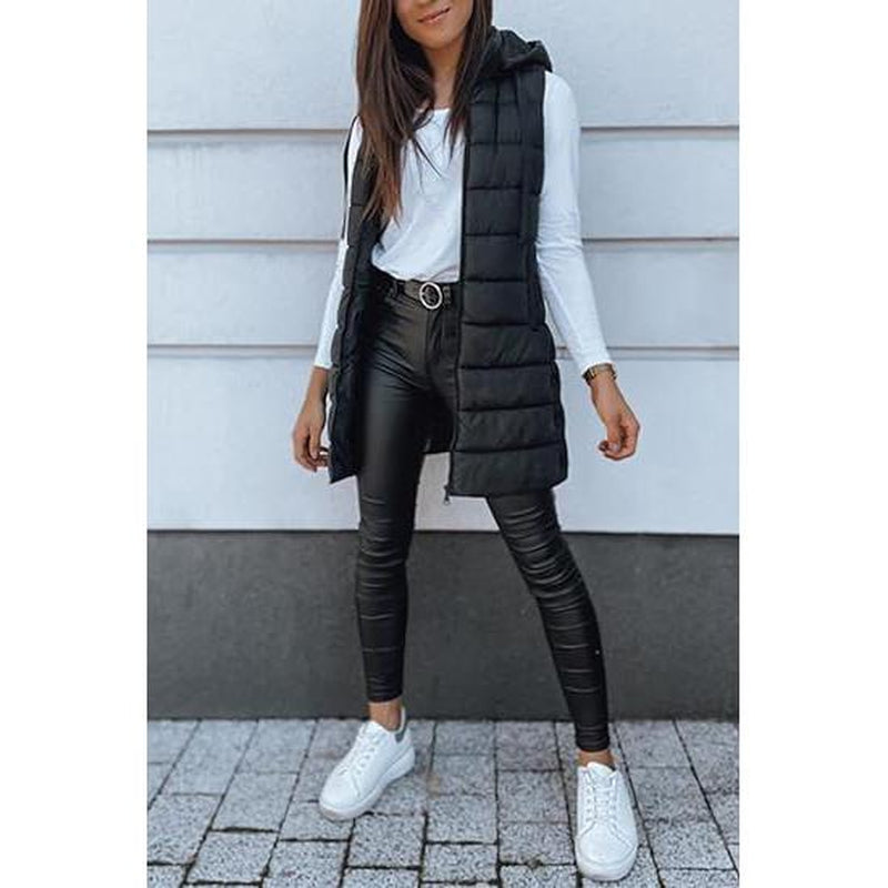 Goranbon Women Long Vest Solid Color Sleeveless Hood Winter Puffer Vest Outwear