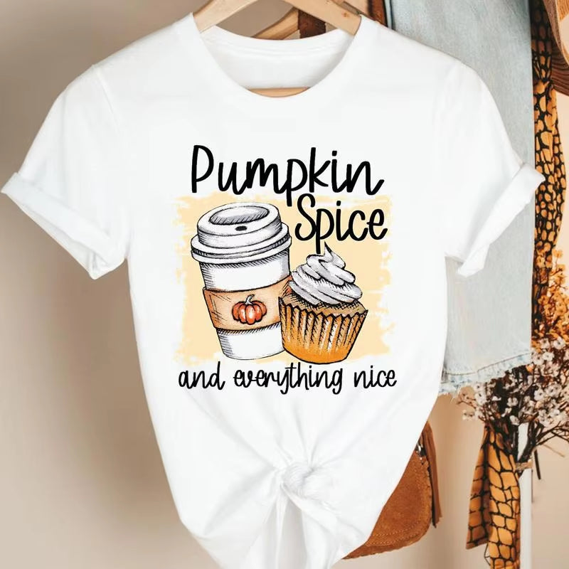 Fashion Women'S Pumpkin Spice Coffee Thanksgiving Halloween Casual Crew Neck Short Sleeve T-Shirt Woman Oversized T Shirt
