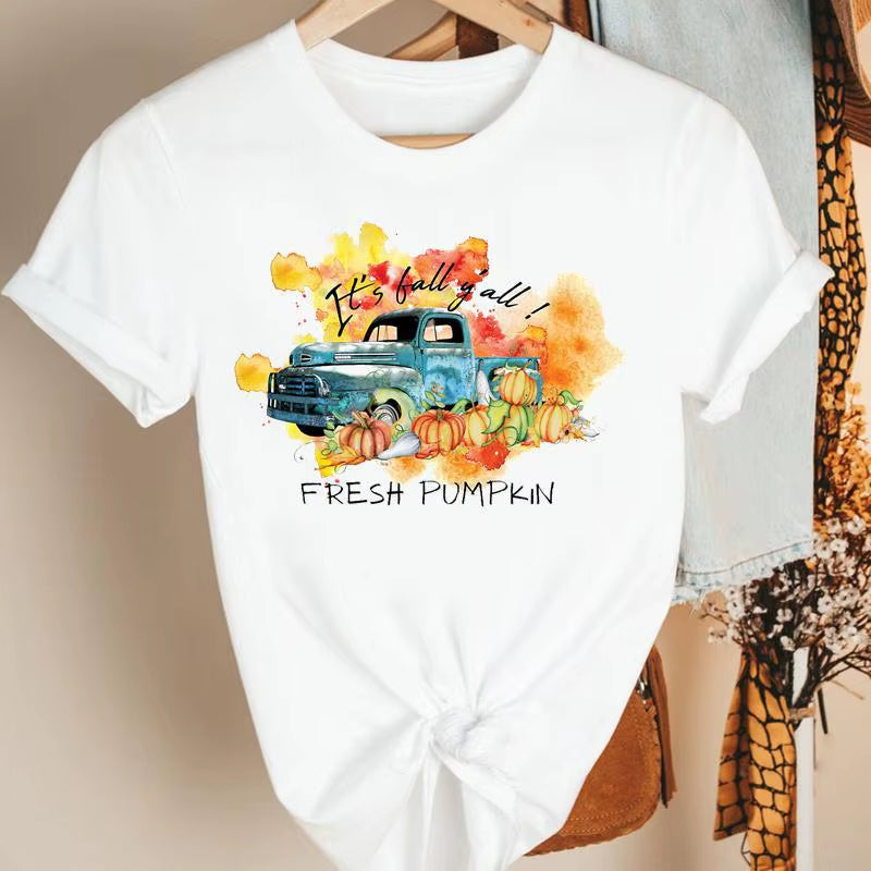 Fashion Women'S Pumpkin Spice Coffee Thanksgiving Halloween Casual Crew Neck Short Sleeve T-Shirt Woman Oversized T Shirt