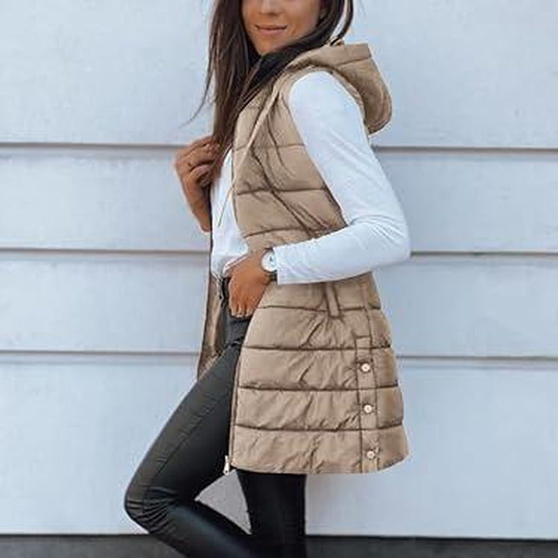 Goranbon Women Long Vest Solid Color Sleeveless Hood Winter Puffer Vest Outwear
