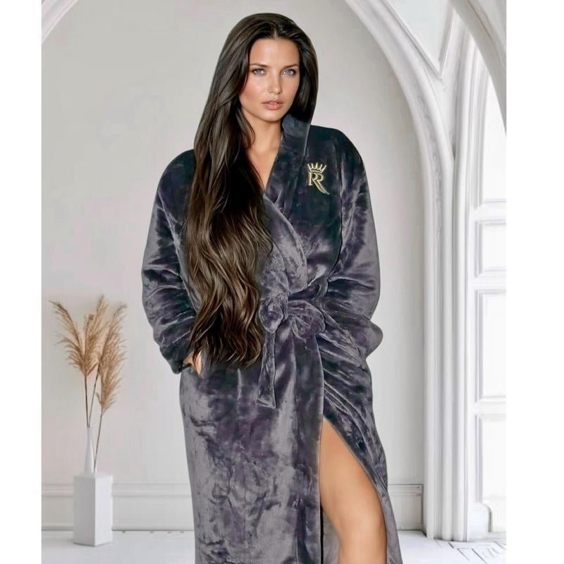Grey Hooded Royalty Robe - Soft Comfort Fleece Womenswear Bathrobe with Hood and Pockets - Loungewear Housecoat for Women