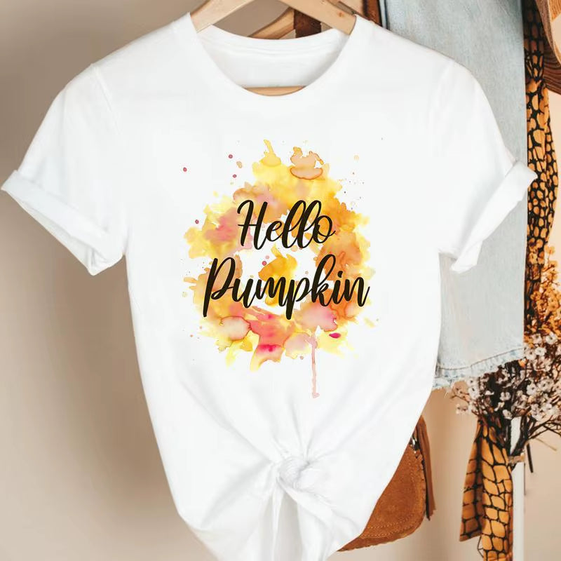 Fashion Women'S Pumpkin Spice Coffee Thanksgiving Halloween Casual Crew Neck Short Sleeve T-Shirt Woman Oversized T Shirt
