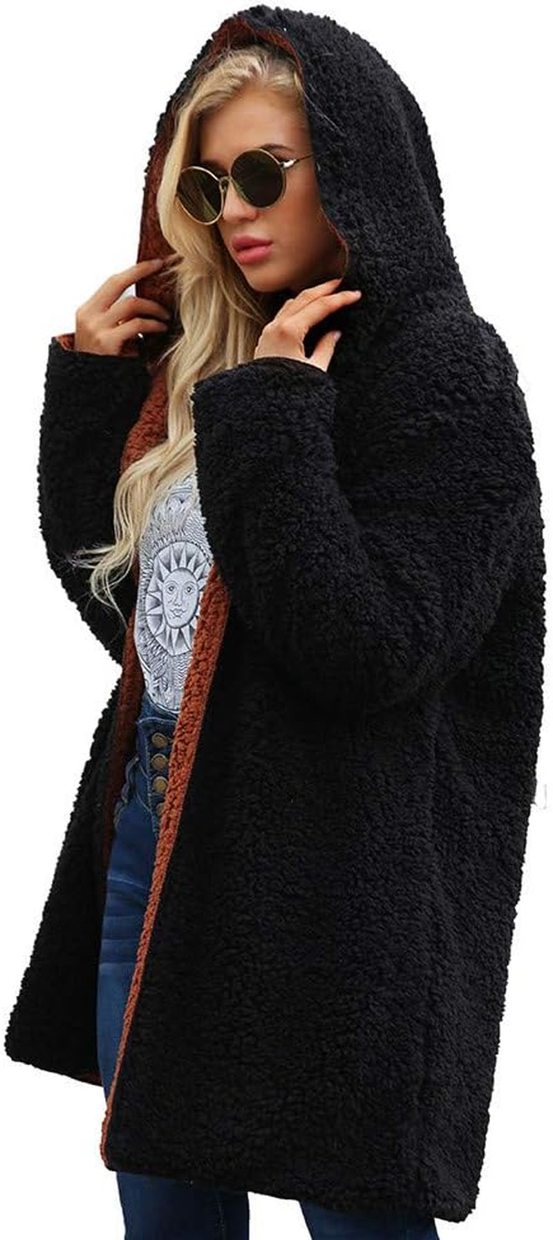 Womens Coat, F_Gotal Women'S Fuzzy Fleece Lapel Open Front Long Hooded Coat Faux Fur Warm Winter Outwear Jackets Parka