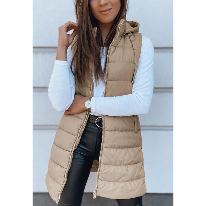 Goranbon Women Long Vest Solid Color Sleeveless Hood Winter Puffer Vest Outwear