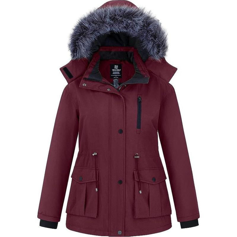 Women'S plus Size Winter Warm Coat Waterproof Parka Jacket with Removable Hood Collar Fabric Womenswear