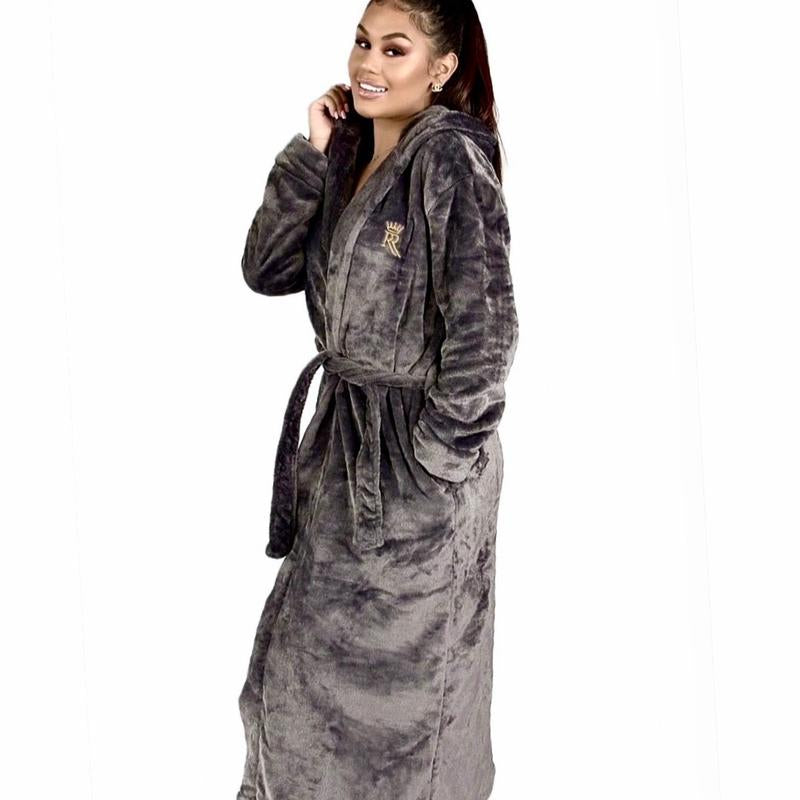Grey Hooded Royalty Robe - Soft Comfort Fleece Womenswear Bathrobe with Hood and Pockets - Loungewear Housecoat for Women