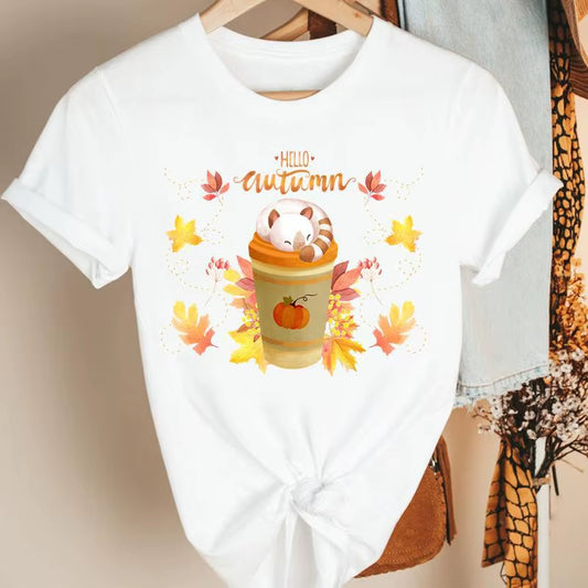 Fashion Women'S Pumpkin Spice Coffee Thanksgiving Halloween Casual Crew Neck Short Sleeve T-Shirt Woman Oversized T Shirt